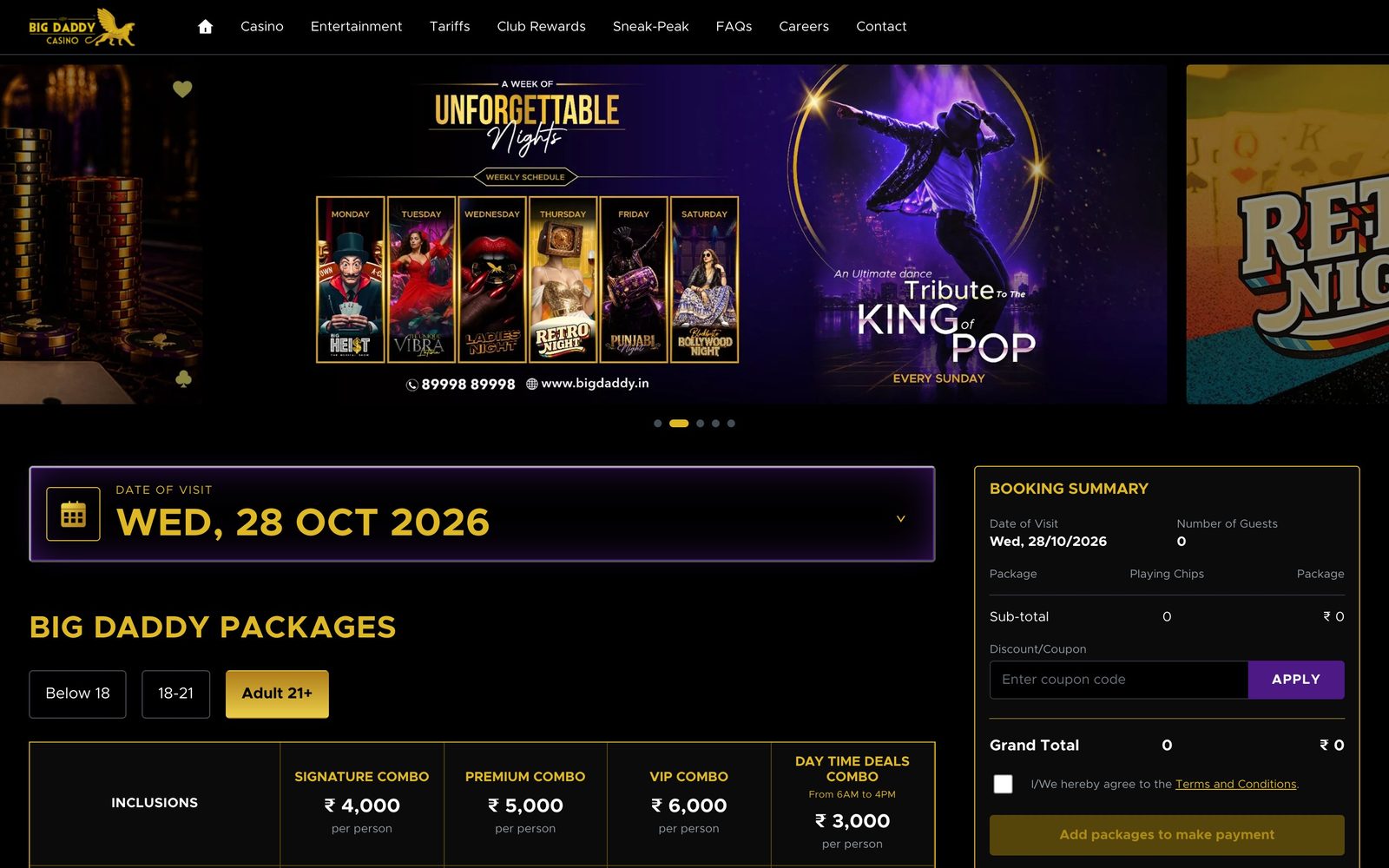 Bigdaddy Goa online booking page with packages and a booking summary
