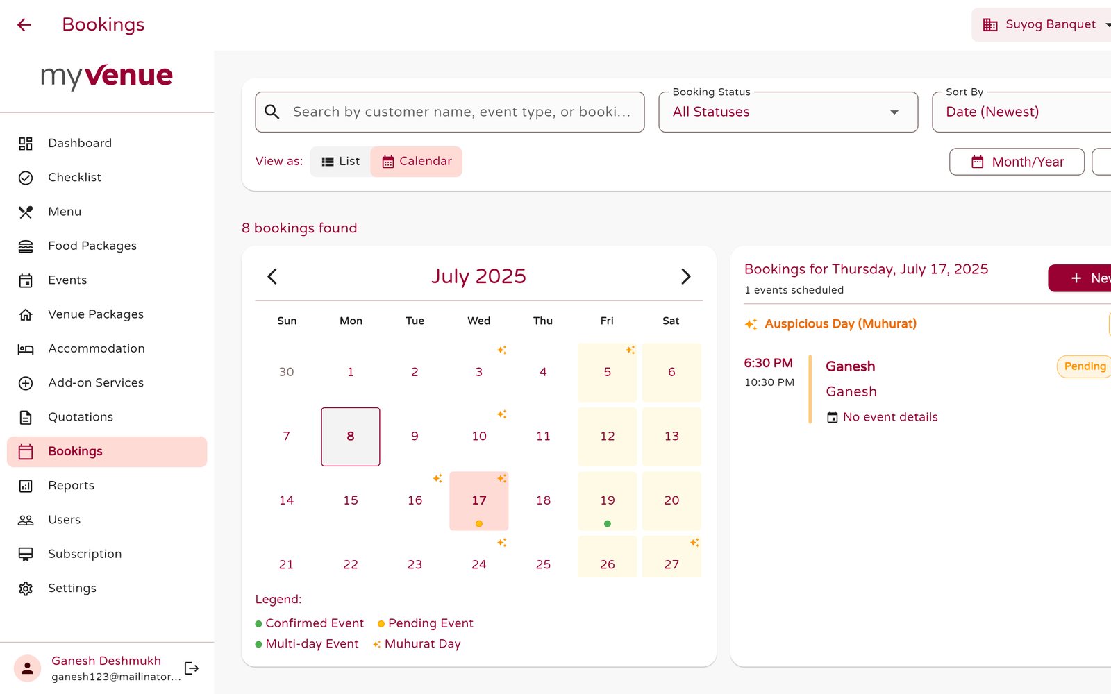 My-Venue admin dashboard with upcoming bookings, payments due and a monthly calendar