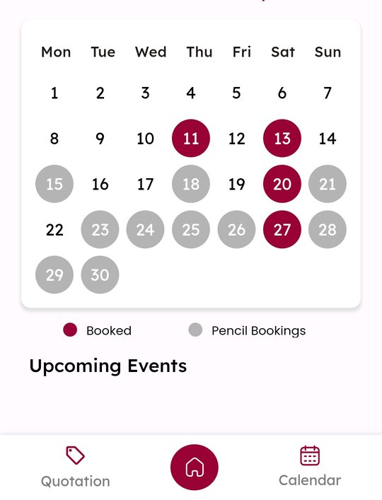 My-Venue mobile app showing a month of booked and pencilled dates